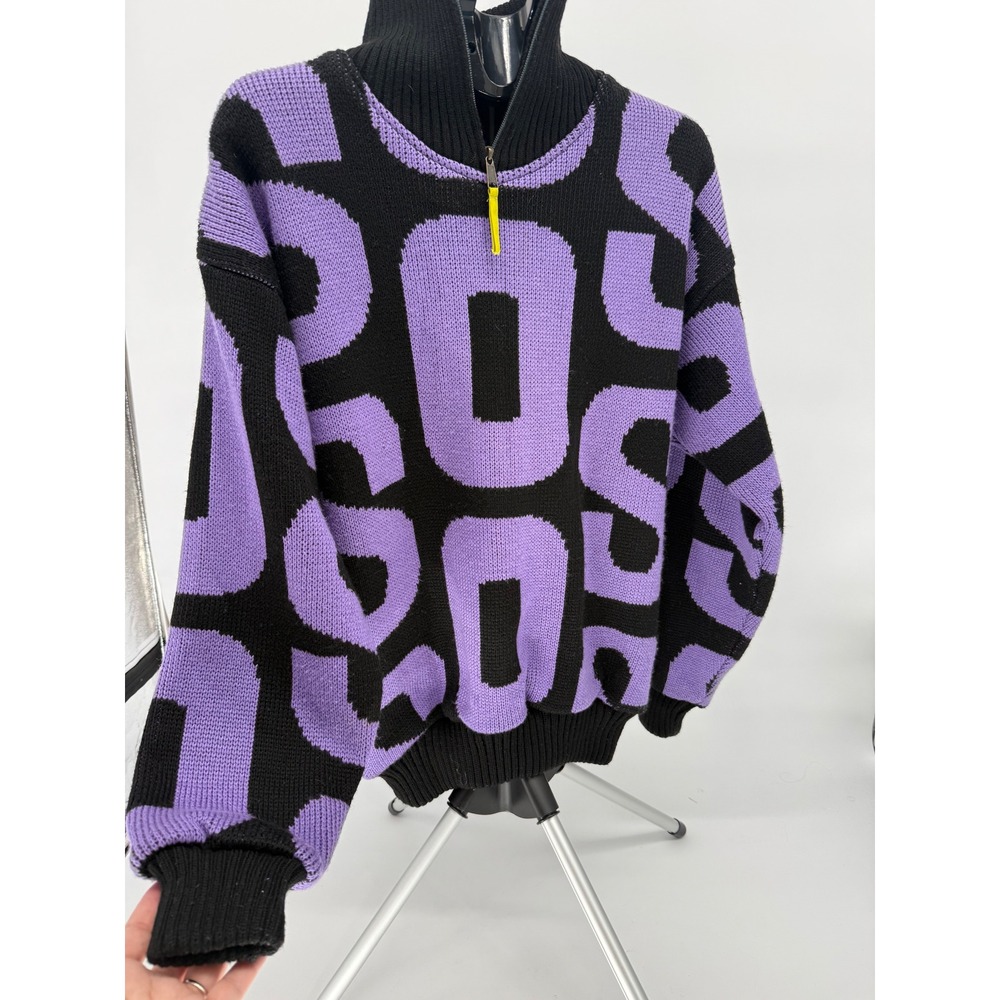 Vintage SOS Ski Sweater M Wool Purple Black British Hong Kong 80s 90s Pullover